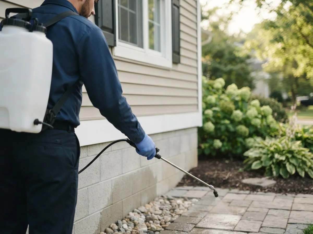 Pest control technician inspecting a home in Crockett, TX